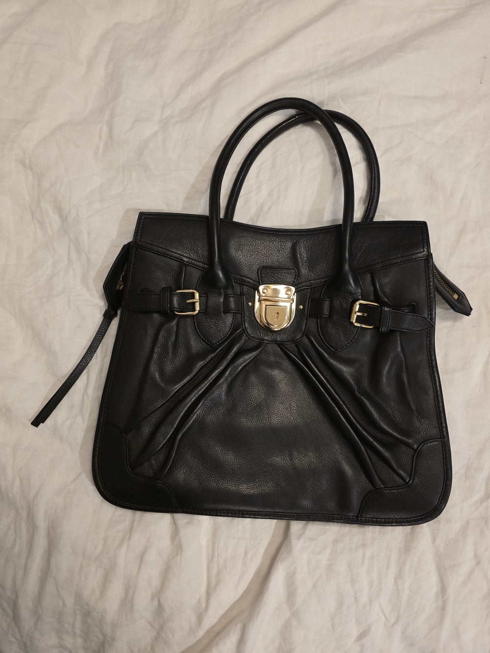 BCBGMaxAzria Black Leather Satchel with Gold Accents